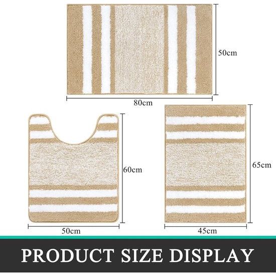 Badmat set van 3 ultra dik badtapijt met antislip bodem absorberende badkamermatten en voetstukmatset, gemakkelijk schoon te maken machinewasbaar toilettapijt (beige)