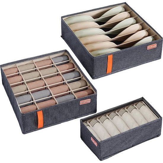 Opvouwbare ondergoedorganizer voor lade, 3-delige set, 6 vakken, 7 vakken, 20 vakken, handig voor het opbergen van sokken (6 + 7 + 20)