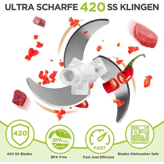 Handmatige uiensnijder, groente-uienhakmolen uitgerust met 3 scherpe roestvrijstalen messen, extra 3 messen en 1 mixer, voor uien, groenten, fruit, vlees, babyvoeding, meer