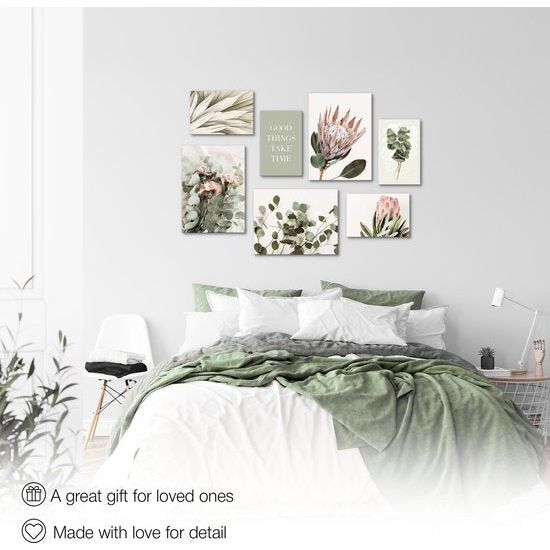 Muurschildingen groene bladeren - complete klaar om op te hangen - Boho beige woonkamer slaapkamer - 7 moderne sfeerafbeeldingen