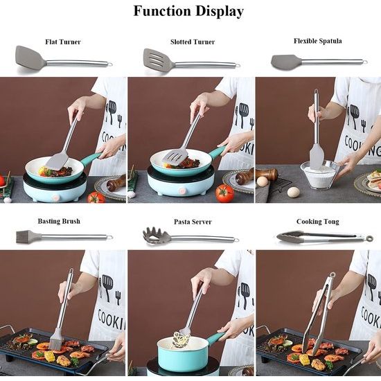 38-delige siliconen keuken-kookgereiset met keukengerei, siliconen kop en roestvrijstalen handgreep, kookgerei voor keukengerei (zilver)