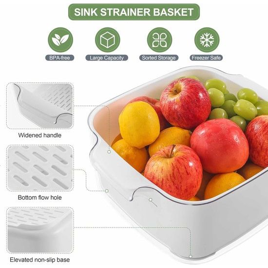 8,2 Keukenzeefkomset, 2-in-1 fruit groente wasvoedselzeefjes, grote plastic dubbellaagse zeefmand voor pasta, spaghetti, bessen, salades, BPA-vrij