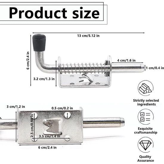 2 stuks veergrendel poortvergrendeling, boutgrendel torgrendel roestvrij staal 304, met beveiligde greep en veer (zilver)