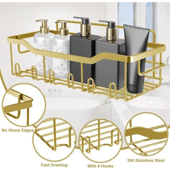 Doucheplank zonder boren, 5 stuks badkamerorganizer, doucheplank zonder boren, badkamerrek, goudkleurig, van SUS304 roestvrij staal, badkamerrek, douchemand, shampoohouder voor douche