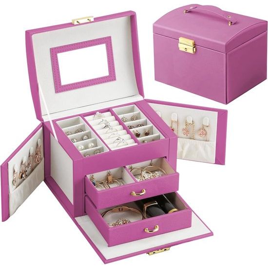 Sieradendoos Afsluitbaar Leren Sieradendoos met Spiegel Sieradendoos Reissieradendoos Sieradendoos Damescompartiment voor kettingen Horloges Ringen Armbanden Oorbellen (roze)