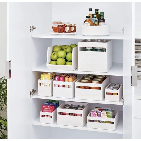 Open opbergdoos aan de voorkant, keukenkastorganizer gemaakt van paulowniahout voor plank of voorraadkast, veelzijdige opbergdoos, wit