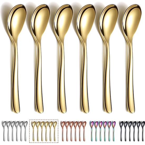 Gouden koffielepels, 6 stuks, roestvrij staal, titanium coating, vergulde theelepels, espressolepel, dessertlepel, theelepel, kleine mini-lepelset voor feestjes, vaatwasmachinebestendig