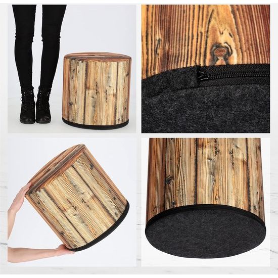 KADAX - Zitpoef, Poef, ronde poef, Ø 40.5x41 cm - houtlook, poef met wasbare overtrek, zitzak, vloerkussen, decoratieve kruk, voetenbank, zitkussen, stoffen kruk - Lichtbruin