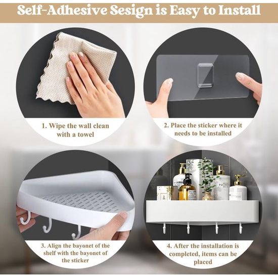 Set van 2 doucheplanken zonder boren, zelfklevende doucheplank, kunststof badkamerorganizer, hoekplank, doucheplank, hoekdoucheplank, badkamerplank, badkamerplank, douchemand voor badkamer en keuken, wit