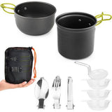 Camping kookgerei, set voor 2 personen, campingpan van aluminium, outdoor servies met opvouwbaar bestek, campingservies voor rugzakreizen, wandelen, vissen, picknicken