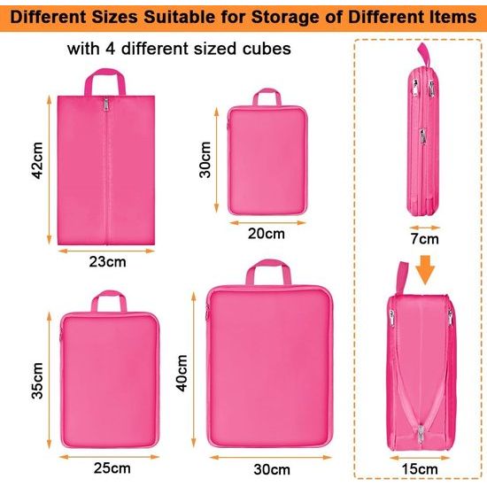 Kofferorganizerset, ultralichte verpakkingstassen met compressie, S, M, L, XL verpakkingsblokjes, compressietas voor kleding en schoenen, kledingtassen als bagage-organizerset, rozerood