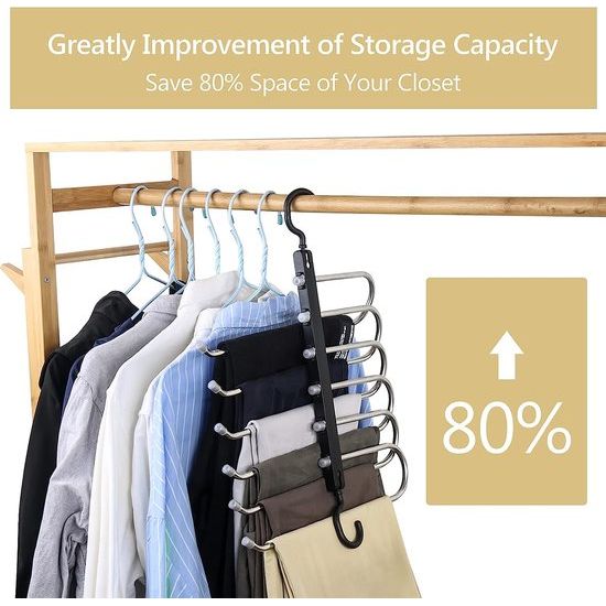 Kledingbroekhanger, ruimtebesparende kasthanger, 6 lagen, 2 toepassingen, multifunctionele broeken, opbergrek, kledingkast, organizer, rekken voor kleding, broeken, sjaals, stropdassen (zwart, 2 stuks)