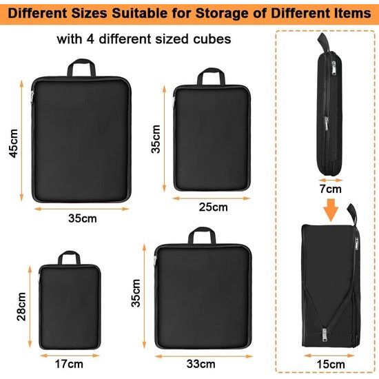 Ultralichte pakzakken met compressie, S, M, L, XL Packing Cubes, compressietas voor kledingtassen als bagage-organizer, set (zwart)