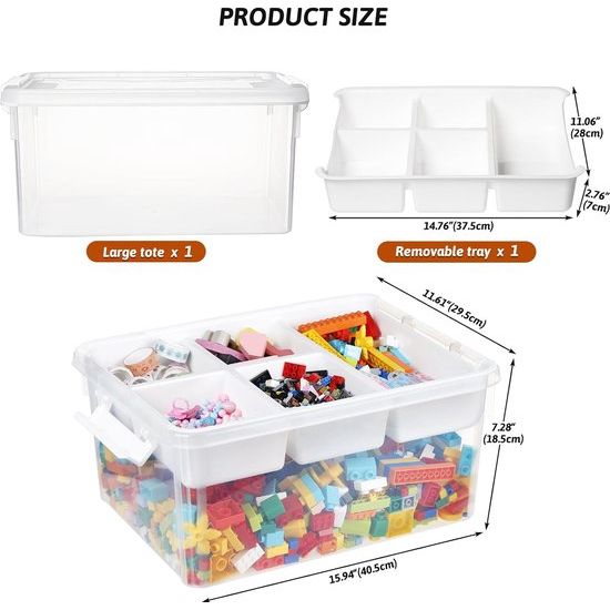 Opbergdozen met deksel voor bouwstenen, gereedschap, handwerk, kleurpotloden, stapelbare kisten, speelgoed, opbergdoos van kunststof met afneembaar dienblad, knutselopbergdoos