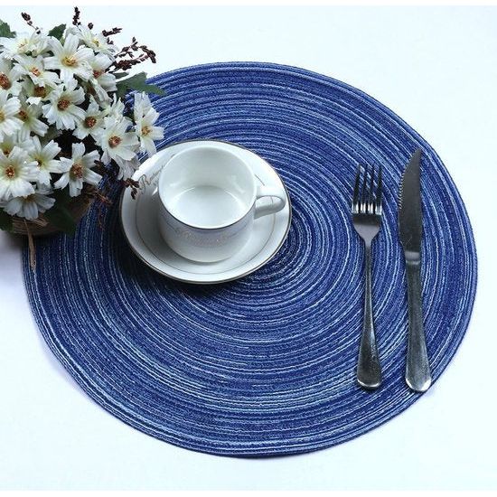 Set van 6 placemats/Place Mat, ronde vorm Crossweave geweven katoenen placemat (rond, blauw)