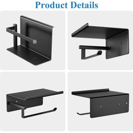 Toilet Paper Holder Toilet Paper Holder No Drilling Toilet Paper Holder Black Toilet Roll Holder Self-Adhesive Toilet Paper Holder with Shelf Toilet Paper Holder