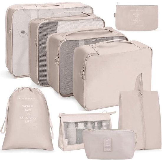 Kofferorganizerset, 9-delig, Packing Cubes, waterdichte reis-kledingtassen, paktassen voor koffer, verpakkingskubus met cosmeticatas, digitale tas, USB-kabel (beige)
