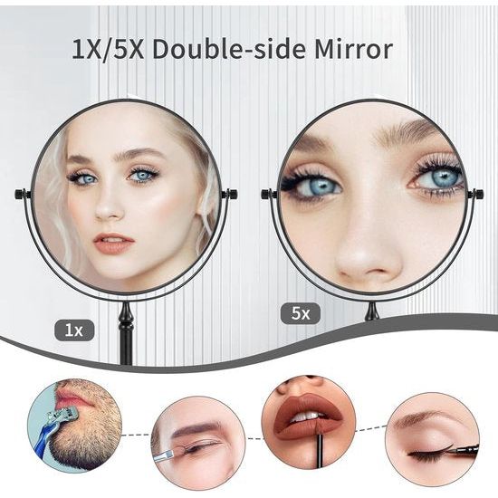 Cosmetic Mirror Black Standing Makeup Mirror with Magnification 5x/1x Table Mirror Brass 360° Swivelling Double-Sided Mirror Shaving Mirror Standing, Diameter 20 cm
