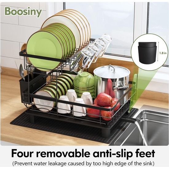 Afdruiprek, roestvrijstalen afdruiprek voor aanrecht met keukengereihouder, afdruiprek met bekerhouder, snijplankhouder en afwasmat (zwart)