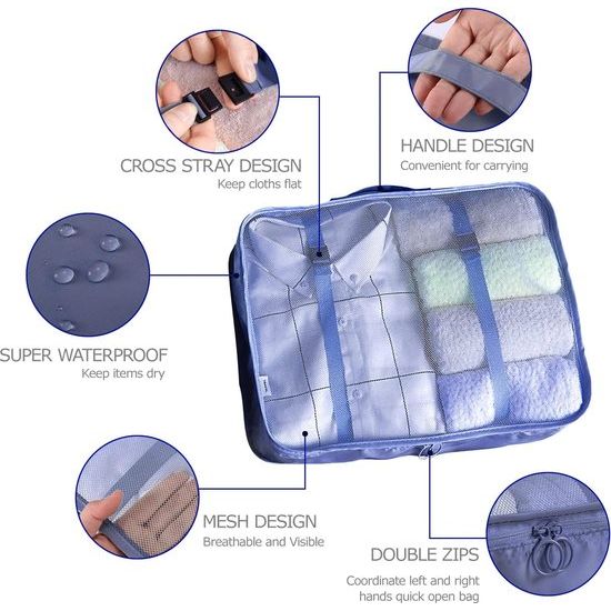 Packing Cubes, kofferorganizer, kledingtassen, schoenentas, reisorganizer, verpakkingskubus, cosmetica, reisorganizer, paktassen voor koffer (8-delig, marineblauw)