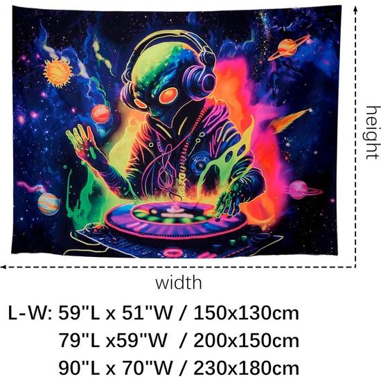 Blacklight Buitenaards Wandtapijt 150 x 200 cm Wandtapijt UV-Reactief Buitenaardse DJing met Hoofdtelefoon Wandtapijt Zon Planeet Poster Wandkleed voor Slaapkamer Woonkamer