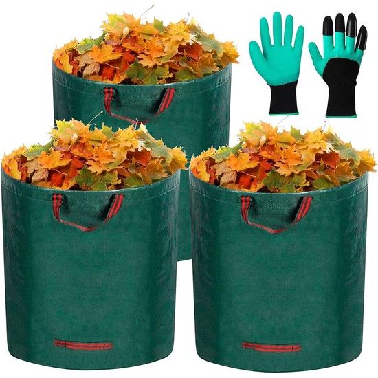 Tuinzak, tuinafvalzak, 3 stuks, 272 liter, zelfdragende tuinzak, afvalzak, opvouwbaar met 4 extra sterke handgrepen, incl. 1 paar tuinhandschoenen