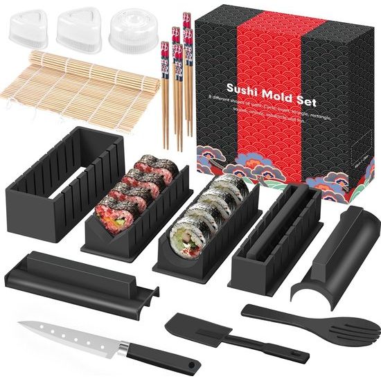 Sushi Makerset, een kit van 20 artikelen voor beginners om zelf sushi te maken, inclusief rijstrolvormen, vork, mes, rolmat, eetstokjes, compleet (zwart).