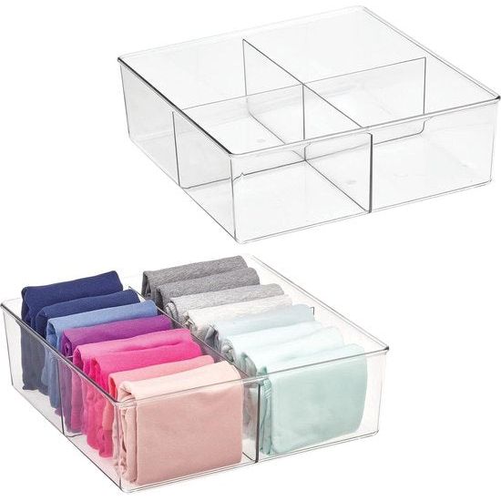 Set van 2 opbergdozen met 4 vakken, praktische kastbox voor de slaapkamer, ideale organizer voor kleding en accessoires van BPA-vrij kunststof, transparant