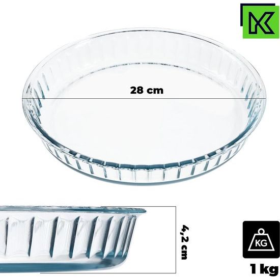 KADAX - Bakvorm/Ovenschaal van glas - transparant, robuuste cakevorm met dikke bodem - ovenschaal geschikt voor elektrische en gasfornuizen, bakvorm voor pizza - Rond 28 cm