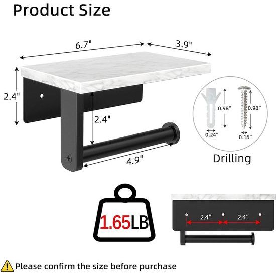 Marble Toilet Roll Holder with Shelf, 304 Stainless Steel Screw Wall Mounted, Paper Roll Holder for Bathroom Washroom, Matte Black