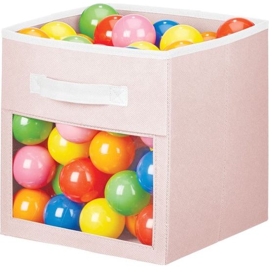 Set van 2 opbergdozen voor speelgoed of kleding, kubusvormige stoffen box met handvat en kijkvenster, opvouwbare speelgoedkist van stof, lichtroze en wit