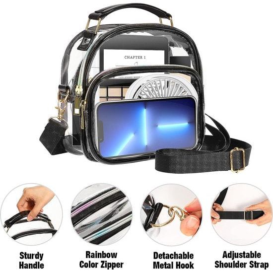 Transparante crossbody schoudertas, dames PVC handtas station goedgekeurde transparante ritssluiting draagtas met 2 vakken voor werk, sport, games en concerten