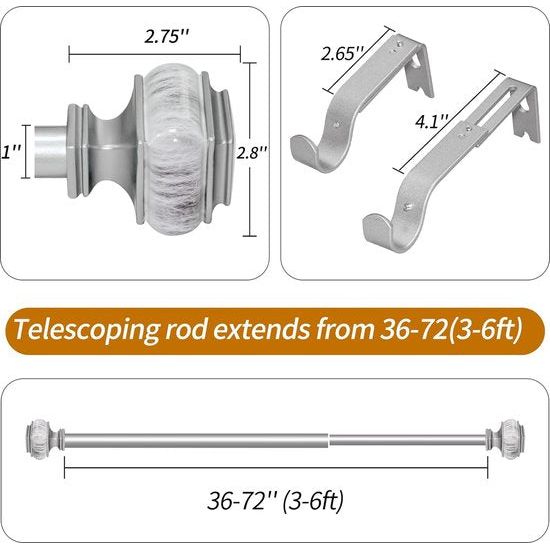 Gordijnstangen voor ramen, 2,54 cm, 91 tot 182 cm, telescopische gordijnroeden, vierkante marmeren knopen, zilver