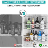 Hoek Douche Caddy 2 Pack, Geen Boren Douche Organizer Hoekplank voor Badkamer Bad, RVS Douche Caddy Hoekplank met 8 Haken en 6 Lijmen (Zilver)