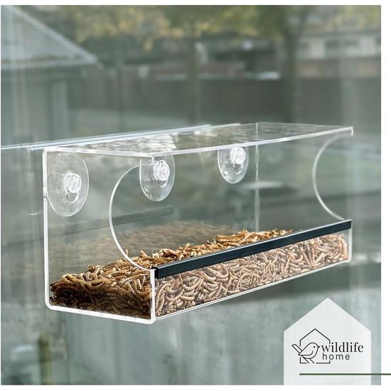 Raamvoederbak voor vogels, transparant, 30 cm lengte, XL vogelhuisraam, vogelvoederbak voor wilde vogels, familie