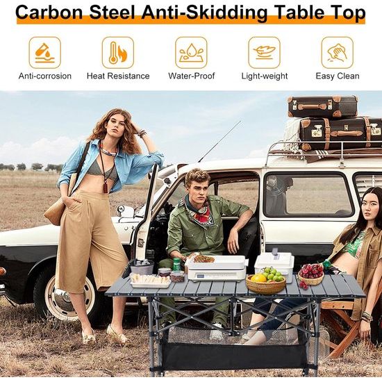 Opvouwbare campingtafel, klaptafel, campingtafel voor 4-6 personen, opvouwbare tuintafel voor buiten met netplank, opbergtas, in hoogte verstelbare klaptafel met oprolbaar tafelblad en draagtas