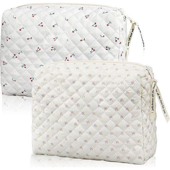 Set van 2 cosmetische reistassen, grote katoenen make-uptas, make-uptas met bloemen, gewatteerde toilettas, make-uptas voor dames, make-uptas, make-uptas voor op reis