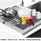 Oprolbaar afdruiprek, afdruiprek, gootsteenrek voor de keuken, opvouwbaar spoelbakrek, roestvrij staal servies, droogstandaard voor de keukenspoelbak