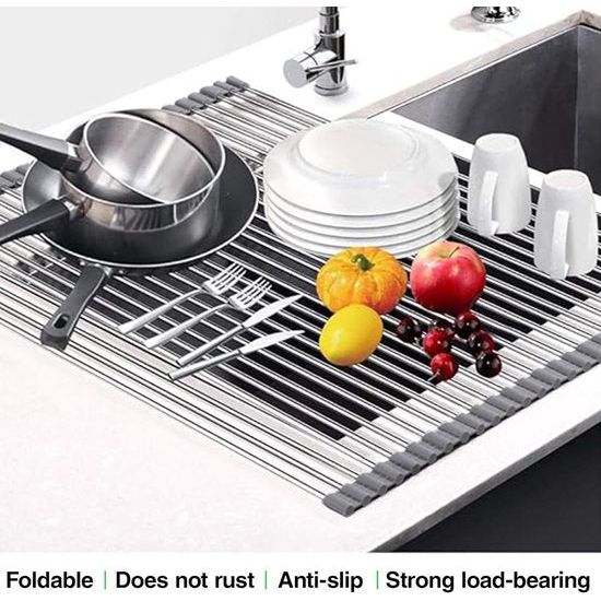 Oprolbaar afdruiprek, afdruiprek, gootsteenrek voor de keuken, opvouwbaar spoelbakrek, roestvrij staal servies, droogstandaard voor de keukenspoelbak