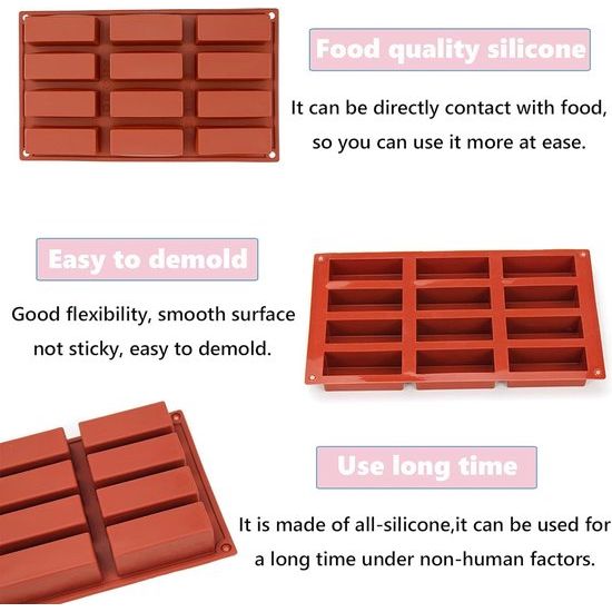 Siliconen vormen, rechthoekig, grote mueslirepen, siliconen, BPA-vrij, grote mueslireepvorm, siliconen maker, bakvorm, rechthoekig, siliconen vormen, muffin siliconen vormen met 12 vakken voor brood en chocolade