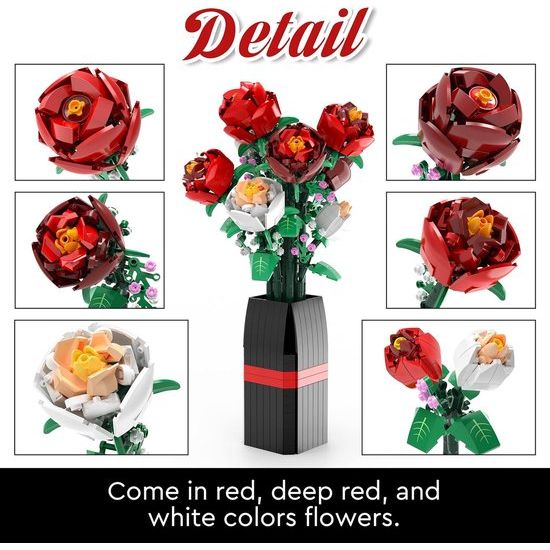 Rose Bouquet Kit with Vase, 818 Pieces Flower Building Blocks Set for Adults, Room Decoration Crafts, Creative Gifts for Women or Wife, Compatible with Lego