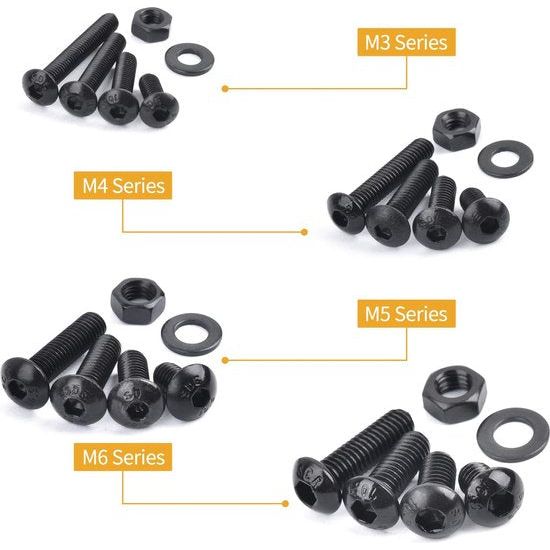 Schroevenset van 600 stuks van Koolstofstaal, M3, M4, M5, M6, lenskop, binnenste schroefdraadbouten, set met moeren, sluitringen en inbussleutels in assortimentsdoos