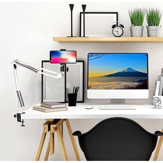 Mobiele telefoon gelede armsteun, webcamstandaard, schaarstatief met smartphoneklem en 1/4" schroef lange mouw mobiele telefoonhouder gelede armsteun (wit)