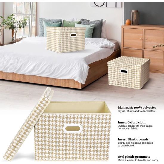 Opvouwbare opbergdozen met deksel, groot, opbergdozen met deksel, stoffen opbergdozen voor kasten, speelgoed, organisatie van huis en kantoor, 3-delig, beige