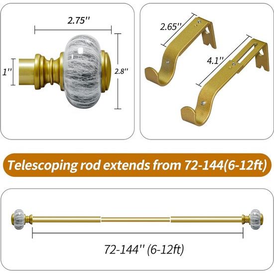 1" Diameter Adjustable Curtain Pole 72 to 144 Inch Golden Curtain Rod for 69 to 140 Inch Windows, Heavy Duty Adjustable Curtain Rod with Round Marble Finials