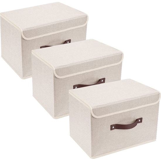 3 stuks opvouwbare opbergdozen met deksel, opbergdozen met deksel, dozen voor kleding, opbergdozen voor speelgoed, rek - beige