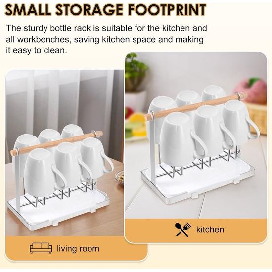 Bekerhouder van roestvrij staal met flessendroger en afdruiprek, metalen houder voor 6 flessen, met lekbak, geschikt voor flessen en kopjes, zilver, 23.5 x 14 x 9 cm