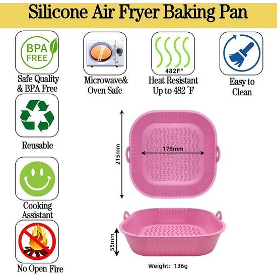 Air Fryer Siliconen Pot Air Fryer Oven Accessoires Zal Niet Verkleuren, Gemakkelijk Te Reinigen, Siliconen Air Fryer Liners Vierkant 8.4 Inch Voedselveilige Herbruikbare Mand, 4 Tot 8 Qt Of Groter 2 Stuks