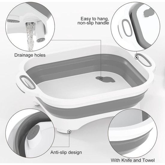 Opvouwbare campingsnijplank, 3-in-1 multifunctioneel, met mes, voor het wassen en bewaren van groenten en fruit worden gebruikt voor keuken, camper, camper accessoires, outdoor