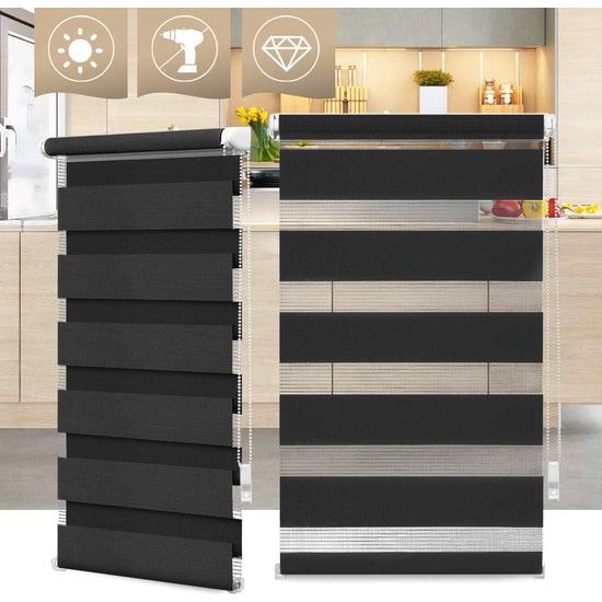 Dubbel rolgordijn Duo rolgordijn Klemmfix zonder boren voor ramen doorschijnend en verduisterend (65 x 130 cm stofbreedte: ca. 61 cm), zwart